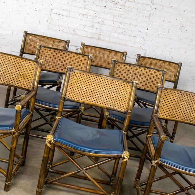 Late 20th Century Campaign Style Set of 8 Dining Chairs by McGuire Rattan Cane & Navy Leather For Sale - Image 10 of 18