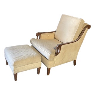Neoclassical Armchair With Tassel Carved Arm & Ottoman For Sale