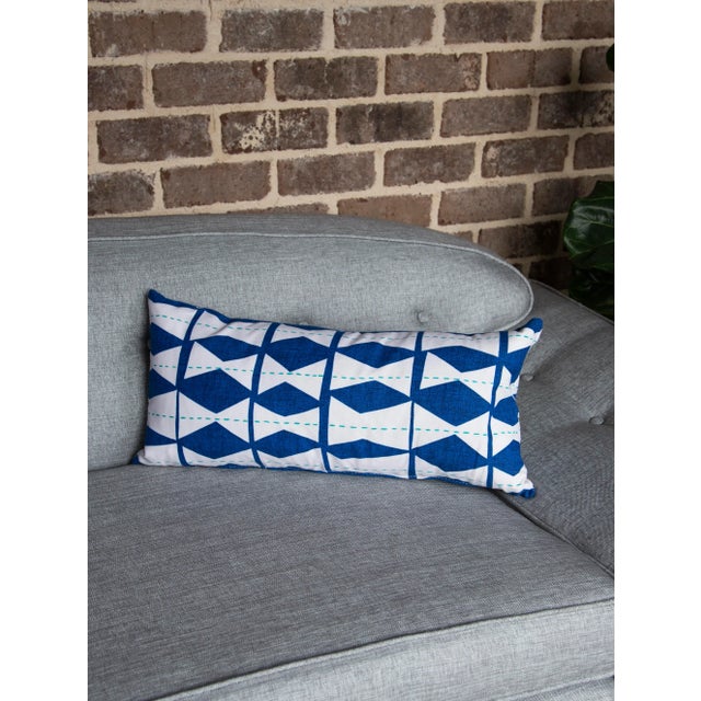 Textile Blue Diamond Lumbar Pillow For Sale - Image 7 of 8
