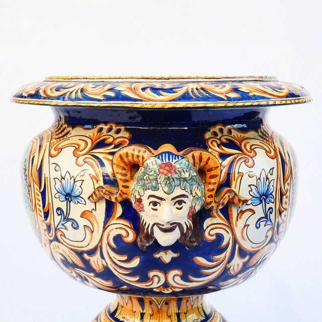 Blue Polychrome Earthenware Basin and Pedestal by Antoine Montagnon for Nevers For Sale - Image 8 of 15