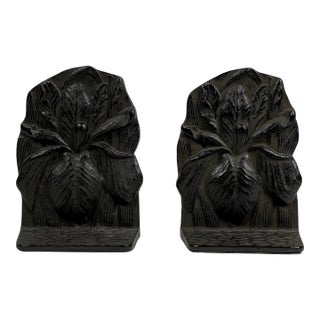 Vintage Art Nouveau Style Japanese Cast Iron Iris Flower Bookends For Sale