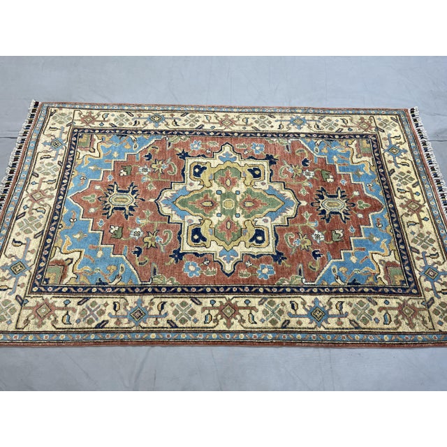 Art Deco Terracotta Persian Style Heriz Wool Rug With Blue Accents, 3'11" X 6'3" For Sale - Image 3 of 14