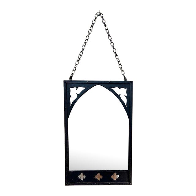 Early Black Metal, Iron Mirror Hanging From a Heavy Chain For Sale