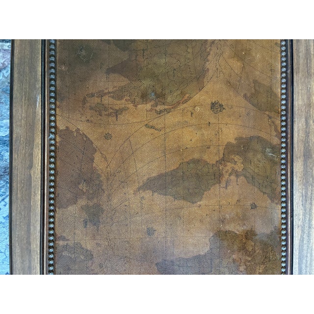 1970s Leather Top Coffee Table With World Map Motif and Carved Legs For Sale - Image 9 of 11