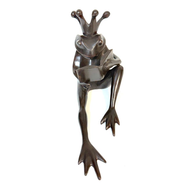 Pair Patinated Bronze Reclining Frog Prince Reading Book Bookends, Late 20th C. For Sale - Image 11 of 12