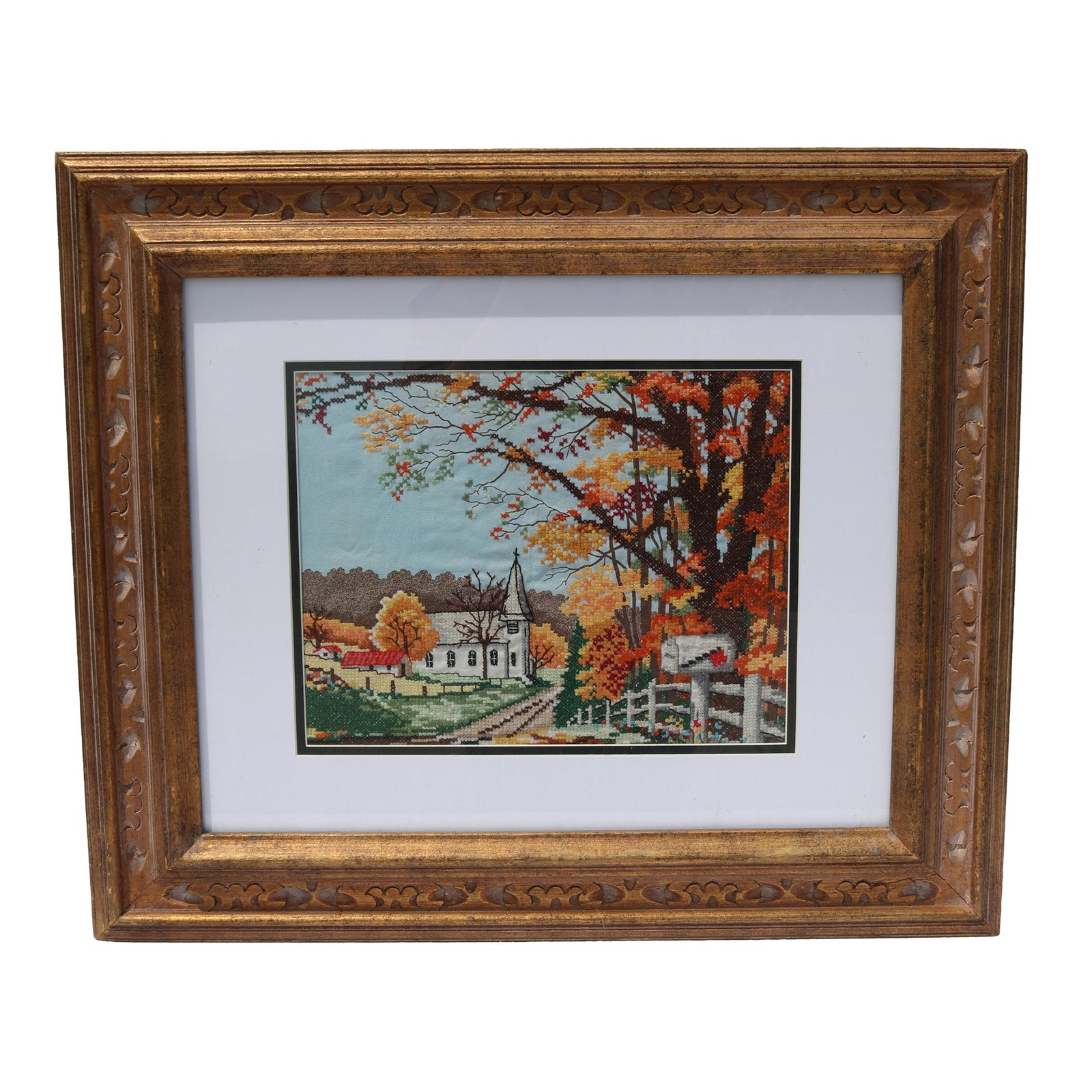 Vintage Cross Stitch Matted and Framed Fall Colors Church  Vintage Framed Cross-Stitch Art with Brown Frame main image 0