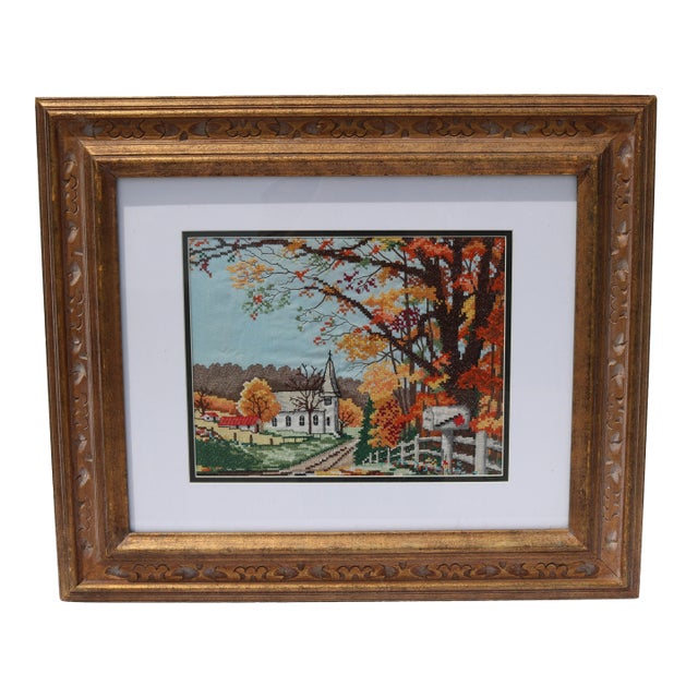 Vintage Cross Stitch Matted and Framed Fall Colors Church For Sale
