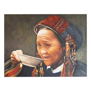 Portrait of a Tribal Woman Drinking Tea, Oil on Canvas For Sale