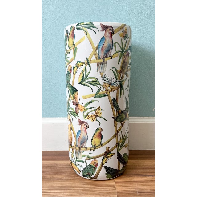 Chinoiserie Vintage Tropical Birds & Butterflies Ceramic Umbrella Stand – Hollywood Regency / Chinoiserie For Sale - Image 3 of 14