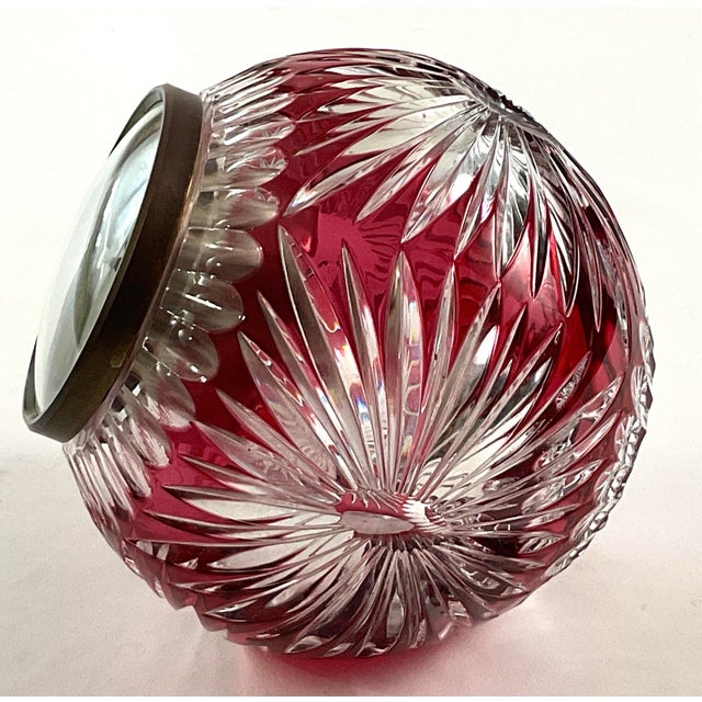 Art Deco Mercedes-Benz, Orb Shaped Cranberry Glass, Cut to Clear, Desktop Clock For Sale - Image 3 of 8