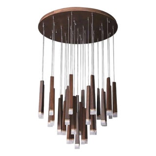 Oak Wood Cascading Led Chandelier, Modern Multi Light Pendant, Natural Wood Ceiling Light, 16 24 32 Light For Sale