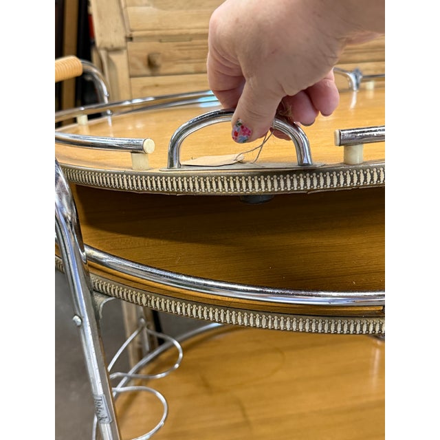Vintage French Mid-Century Chrome & Wood Two-Tier Bar Cart With Removable Tray For Sale In Columbia, SC - Image 6 of 10