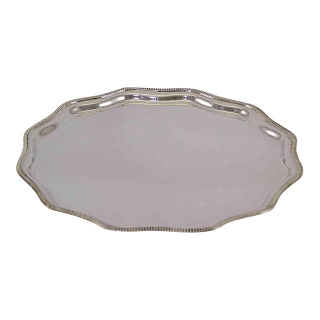 1970’s Vintage/New Silverplate Scallopped Edge Salver, Gadroon Mount For Sale