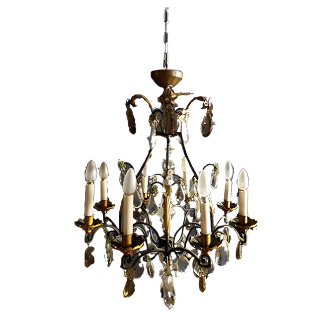 Antique Wrought Iron and Gilded Cage Chandelier For Sale