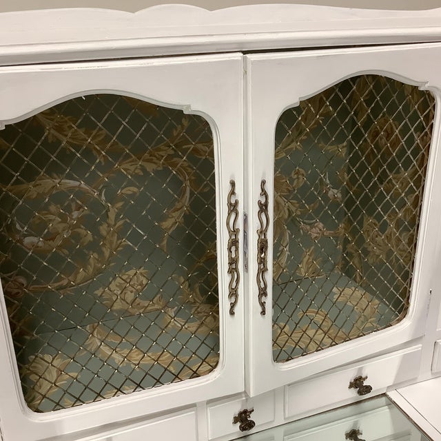 Vintage Vanity or Desk French Country Painted White Wire Doors Mirrored Top Multiple Drawers Wallpapered Interior Top For Sale - Image 12 of 12