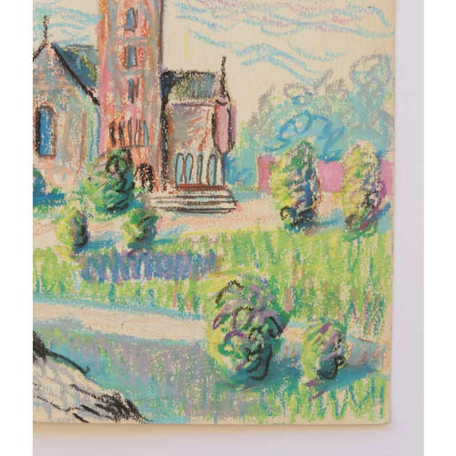 1950 Swedish Folk Art Oil Pastel Painting, Church in Pink, Sky Blue, Purple & Spring Green For Sale In San Diego - Image 6 of 10