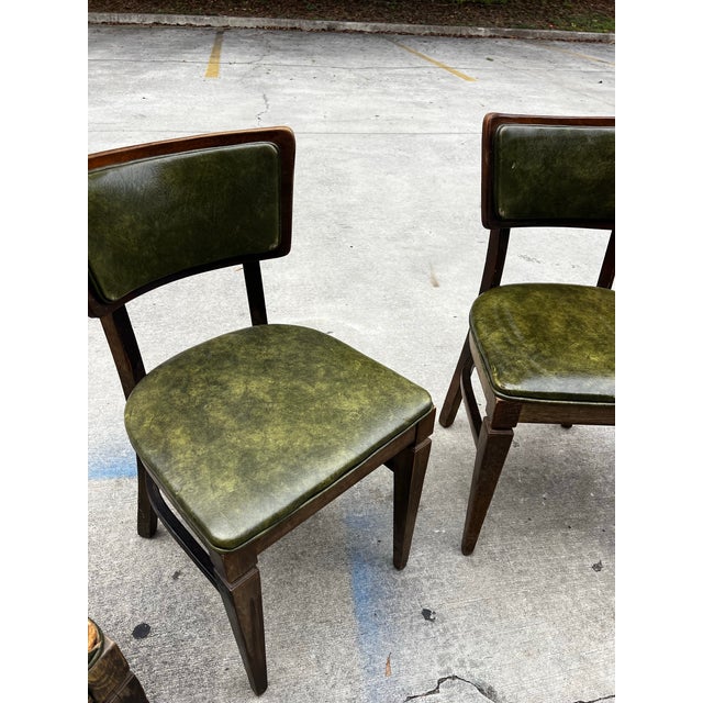 1970s 1970s Collection of Green Leather Gun Lock Style Wooden Dining Chairs- Set of 6 For Sale - Image 5 of 12