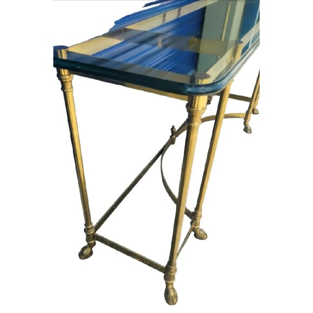 Vintage Italian Brass Hooved Feet Glass Top Mid Century Modern Traditional Console Table For Sale - Image 10 of 11