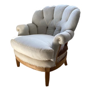 Short Scroll Arm Tufted Tub Chair, Horsehair and Muslin Dressed For Sale
