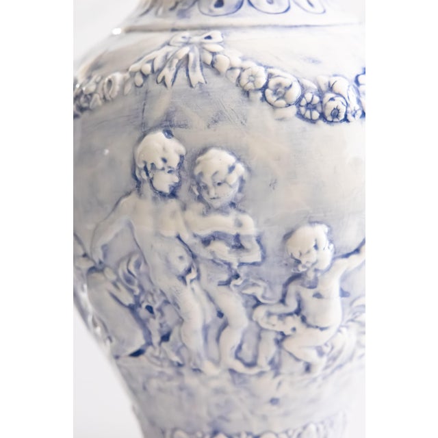 Vintage Neoclassical Style Italian Blue Majolica Cherubs Vase For Sale - Image 4 of 10
