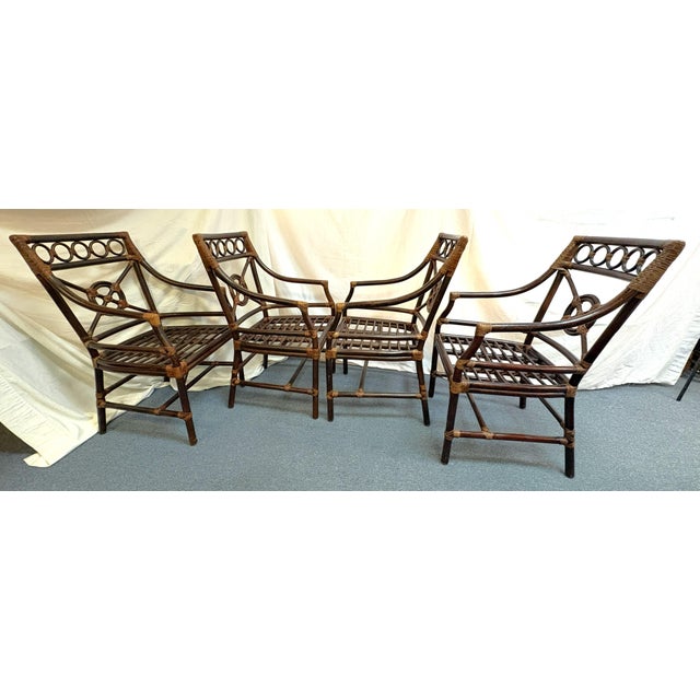 Vintage McGuire Inspired Target Back Style Bamboo and Rawhide Wrapped Arm Chairs With Cushions- Set of 4 For Sale - Image 10 of 18