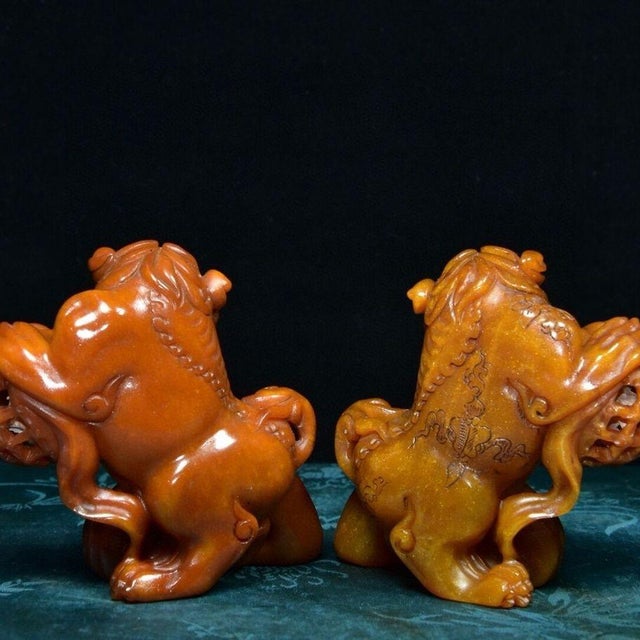 Stone Pair of Shoushan Stone Guardian Lions – 3" Foo Dogs With Brocade Balls For Sale - Image 7 of 9