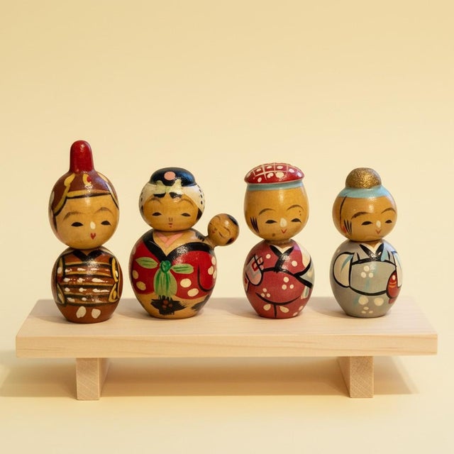Mid-Century Modern Vintage Japanese Miniature Kokeshi Dolls Set 11-Hand Painted Wood-Japan Folk Art For Sale - Image 3 of 10