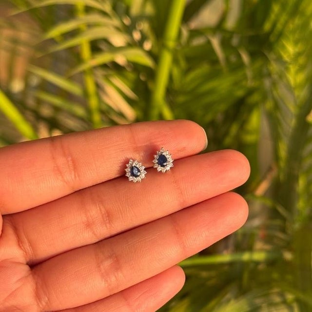 Art Deco Blue Sapphire & Diamond Vintage Stud Earrings in 14k Gold- 2 Pieces For Sale - Image 3 of 14