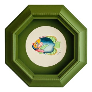 Original Hand-Painted Blue Fish Painting in a Hand-Painted Frame For Sale
