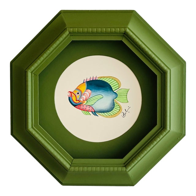 Original Hand-Painted Blue Fish Painting in a Hand-Painted Frame For Sale