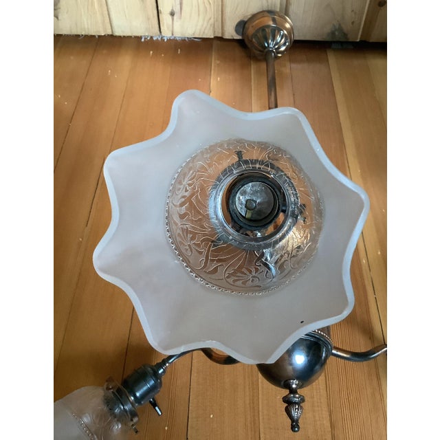 Traditional Antique Arts & Crafts Brass 3-Light Chandelier c.1908–1915 | Bryant Sockets | Original Etched Glass Shades For Sale - Image 3 of 7