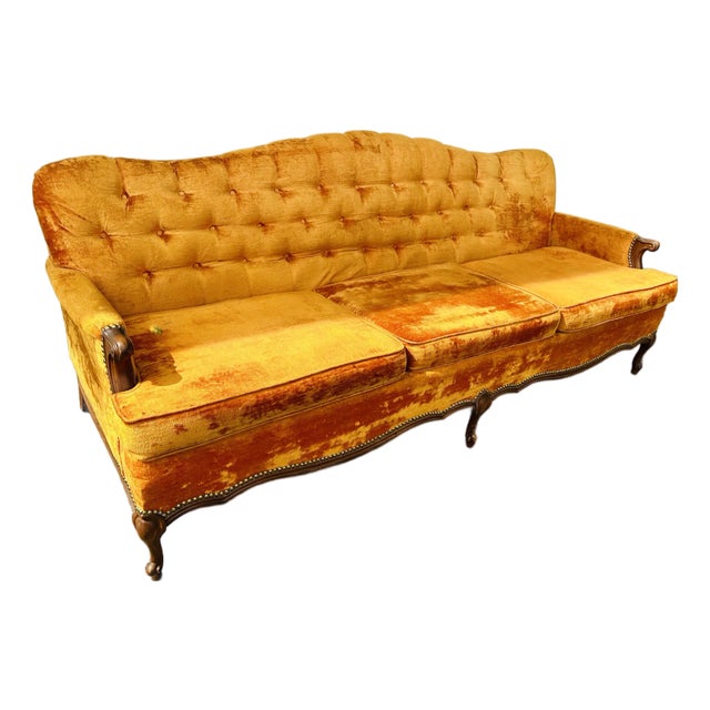 Vintage Mid-Century Tangerine Velvet Tufted Sofa and Chair - 1970s Glam For Sale