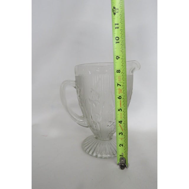 Jeannette Iris and Herringbone Footed Pitcher Clear Glass Embossed Design 4863b For Sale - Image 10 of 15