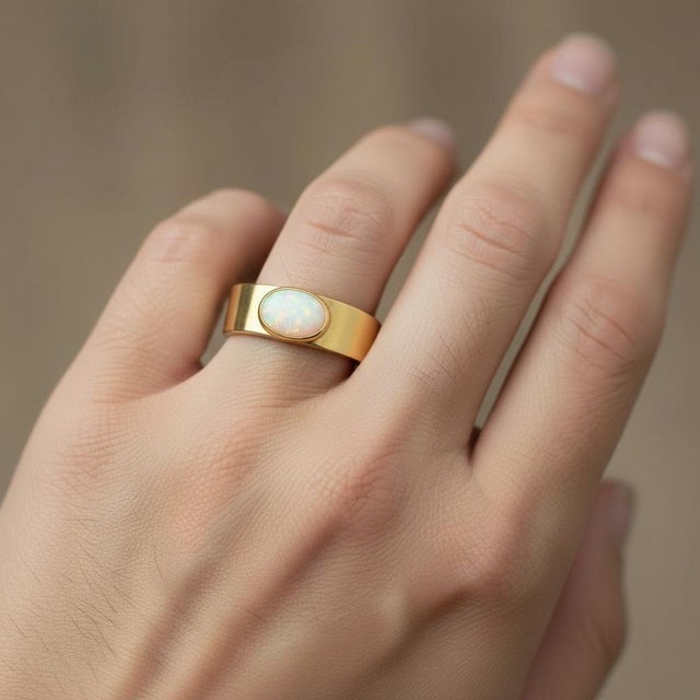 Bezel Set Oval Opal Wide Matte Band Silver, Gold, Size 10 For Sale - Image 6 of 6