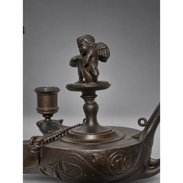Pair of Grand Tour Bronze Two-Light Candlesticks in Roman Oil-Lamp Form For Sale - Image 10 of 11