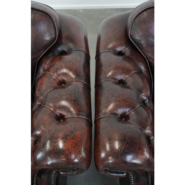 Brown English Style Red-Mottled Cowhide Chesterfield Armchairs, Set of 2 For Sale - Image 8 of 16
