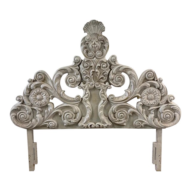 Vintage Queen French Rococo White Wash Headboard For Sale