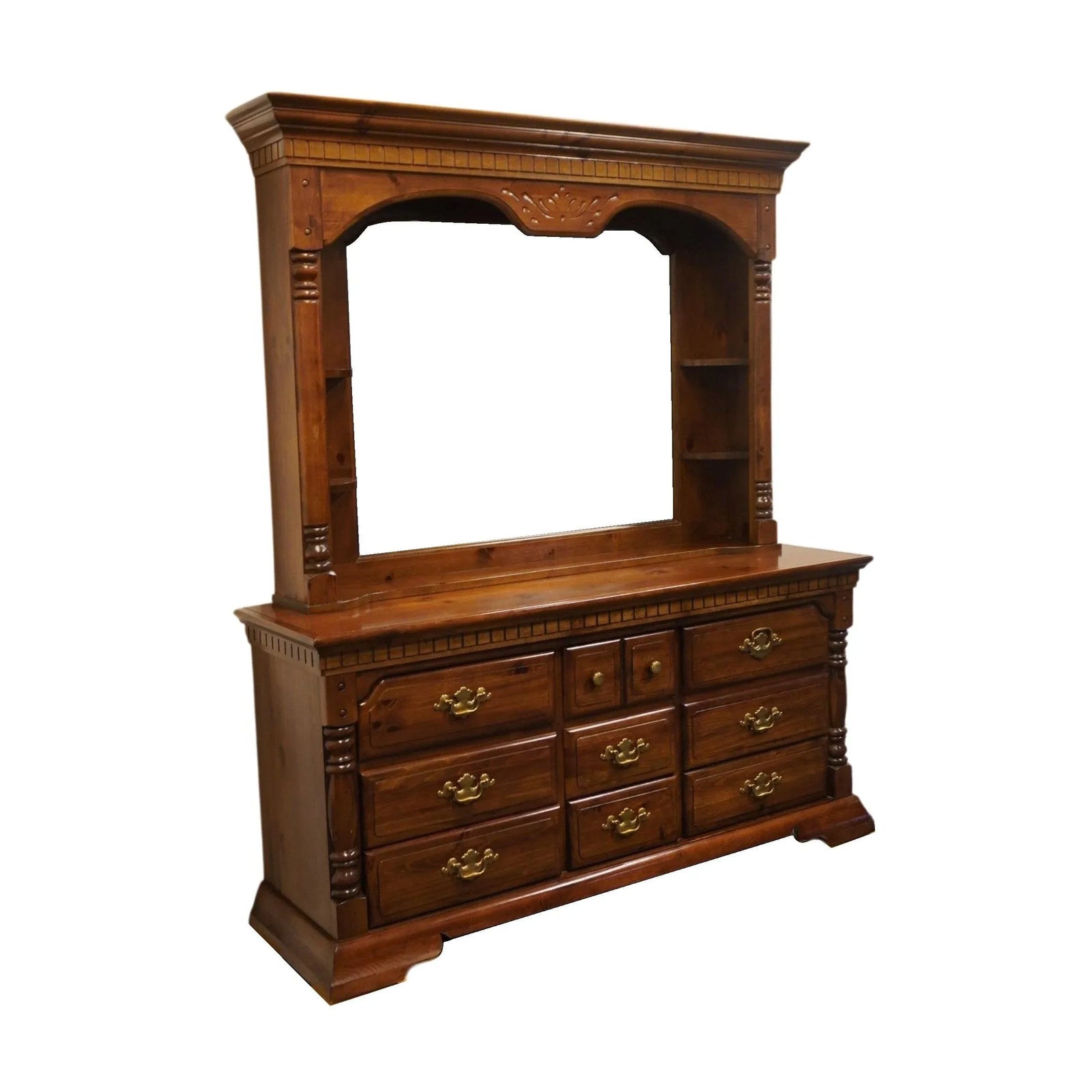 Bassett Furniture Solid Pine Rustic Americana 69" Dresser W. Mirror Hutch 1184-237 / 1184-239