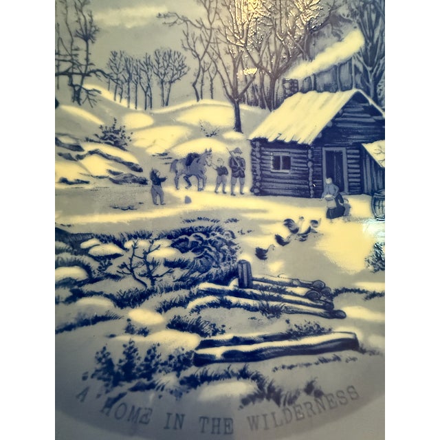 Vintage Currier & Ives Blue & White Winter Collector Plates (2) For Sale - Image 4 of 5