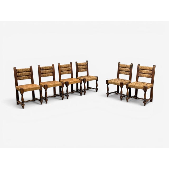 Charles Dudouyt, French Mid-Century Modern, Six Brutalist Dining Chairs, Oak, Rush, France, 1940s Set of six brutalist...