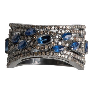 1990s Marquise Blue Sapphire and Diamond Ring For Sale