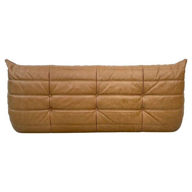 French 3-Seater Togo Sofa in Dark Camel Leather attributed to Michel Ducaroy for Ligne Roset For Sale - Image 10 of 11