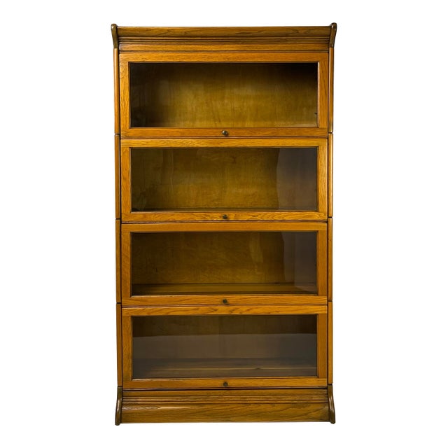 Antique Gunn Furniture Co. Attributed 4-Stack Oak Barrister Bookcase With Original Wavy Glass For Sale