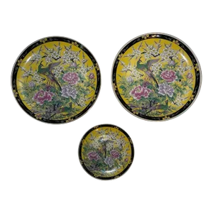 Set of 3 Chinese Famille Jaune Porcelain Yellow Black Pink Plates Birds & Flowers
