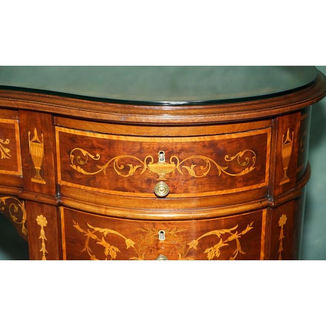 Victorian Marquetry Inlaid Hardwood Kidney Library Desk For Sale - Image 9 of 18