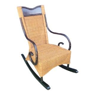 Vintage Wicker Dark Bent Wood British Colonial Coastal Rocking Chair For Sale