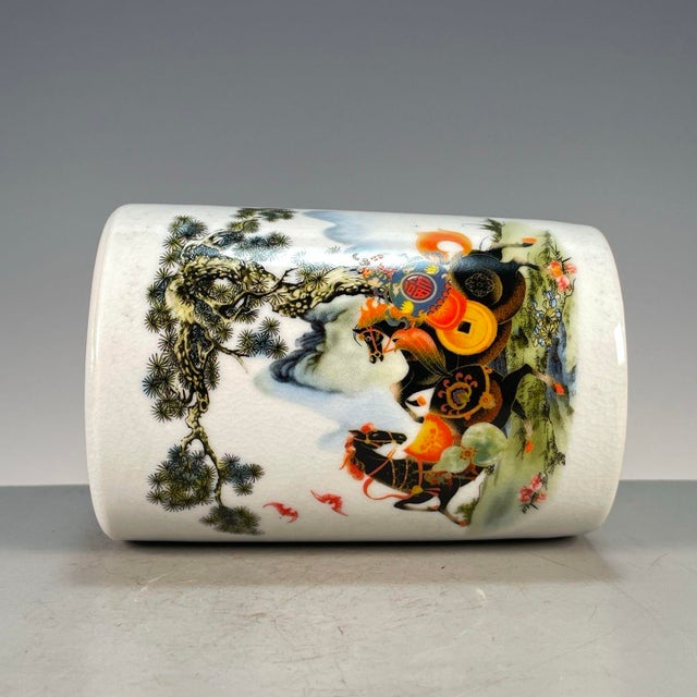 Ceramic Famille Rose Crackle Glaze Porcelain Brush Pot With Horse Motif For Sale - Image 7 of 9