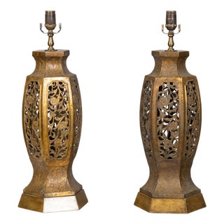 Mid 20th Century Asian MidCentury Us-Wired Table Lamps with Carved Openwork Floral Motifsv - a Pair For Sale