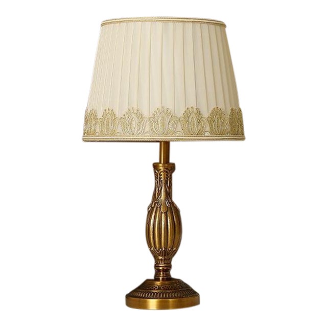 Gold-Embroidered Pleated Fabric & Copper Lamp For Sale