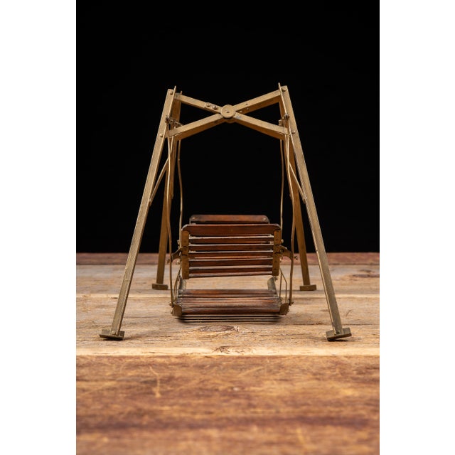 Wood Antique Brass and Wood Folding Four-Passenger Lawn Glider Swing Salesman Sample For Sale - Image 7 of 13